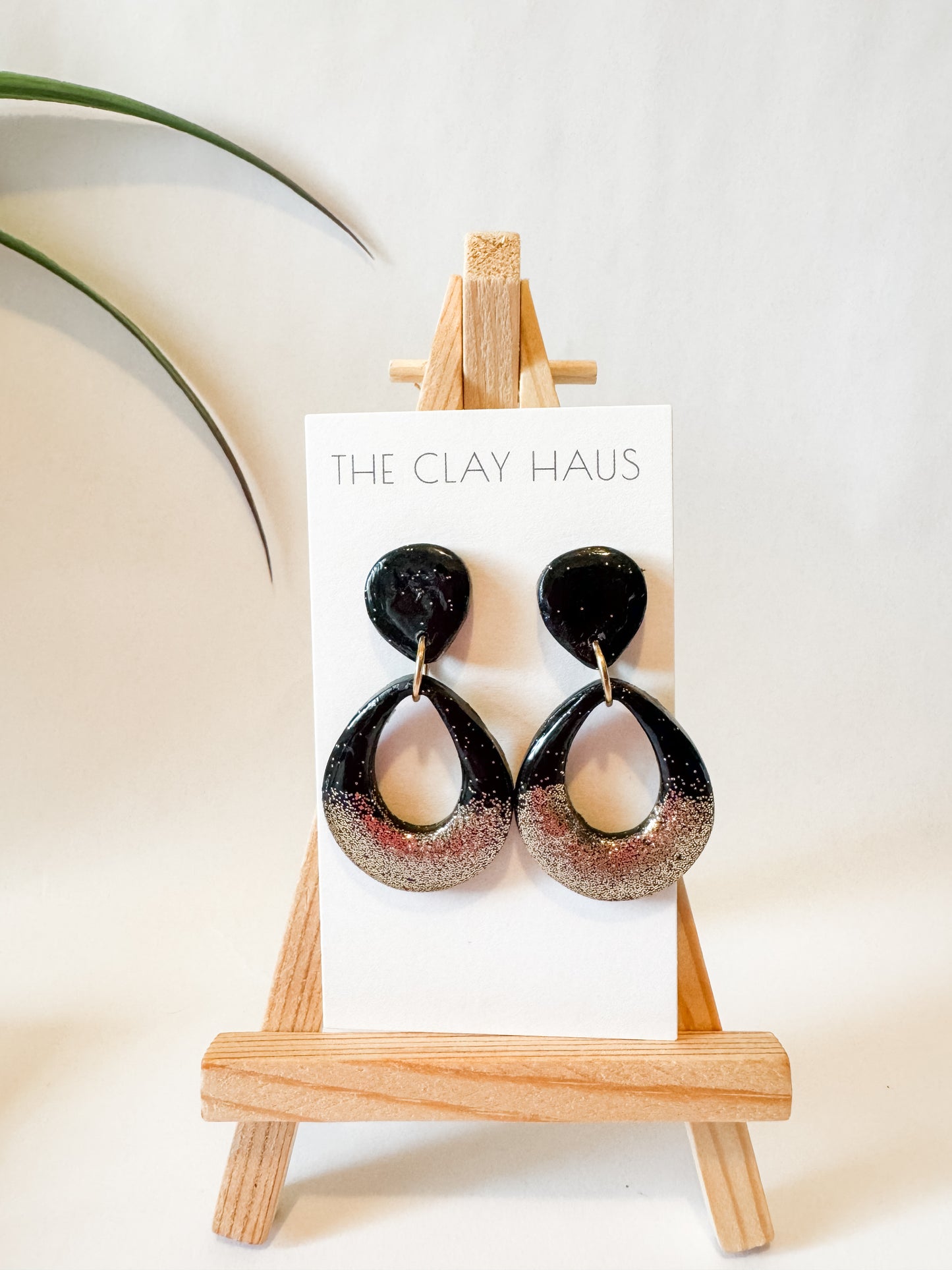 Black + Gold Glitter Glossy Oval Dangle