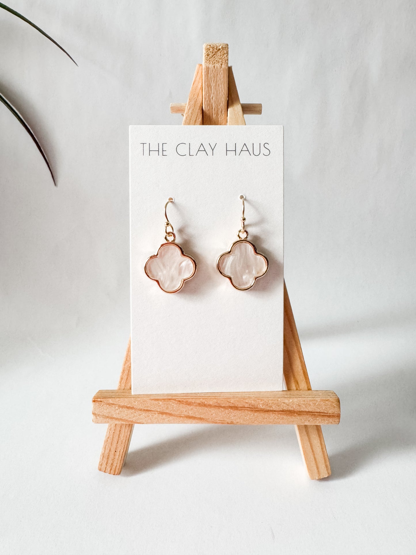 Mother of Pearl Quatrefoil Dangle - White + Gold