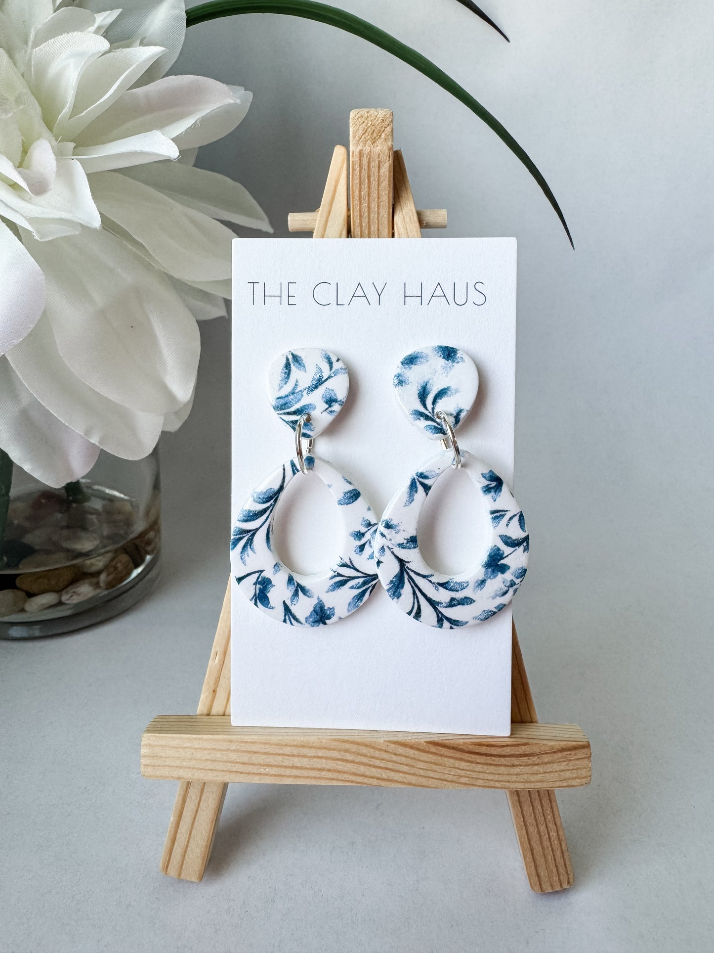 Blue Floral Oval Dangle